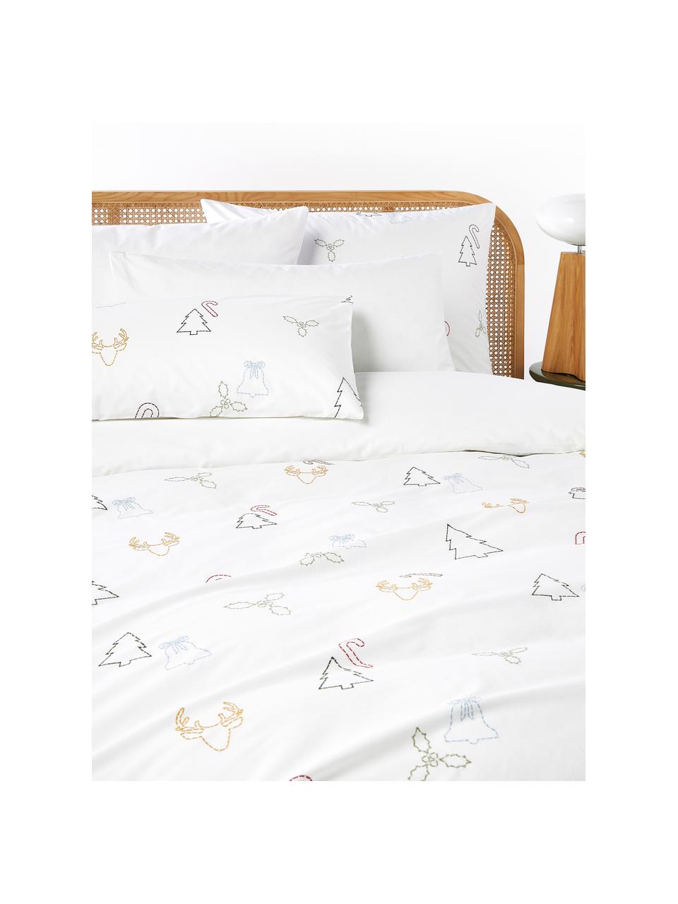 Taie d'oreiller en percale de coton avec broderie de Noël Elvien, Blanc, multicolore, larg. 50 x long. 70 cm