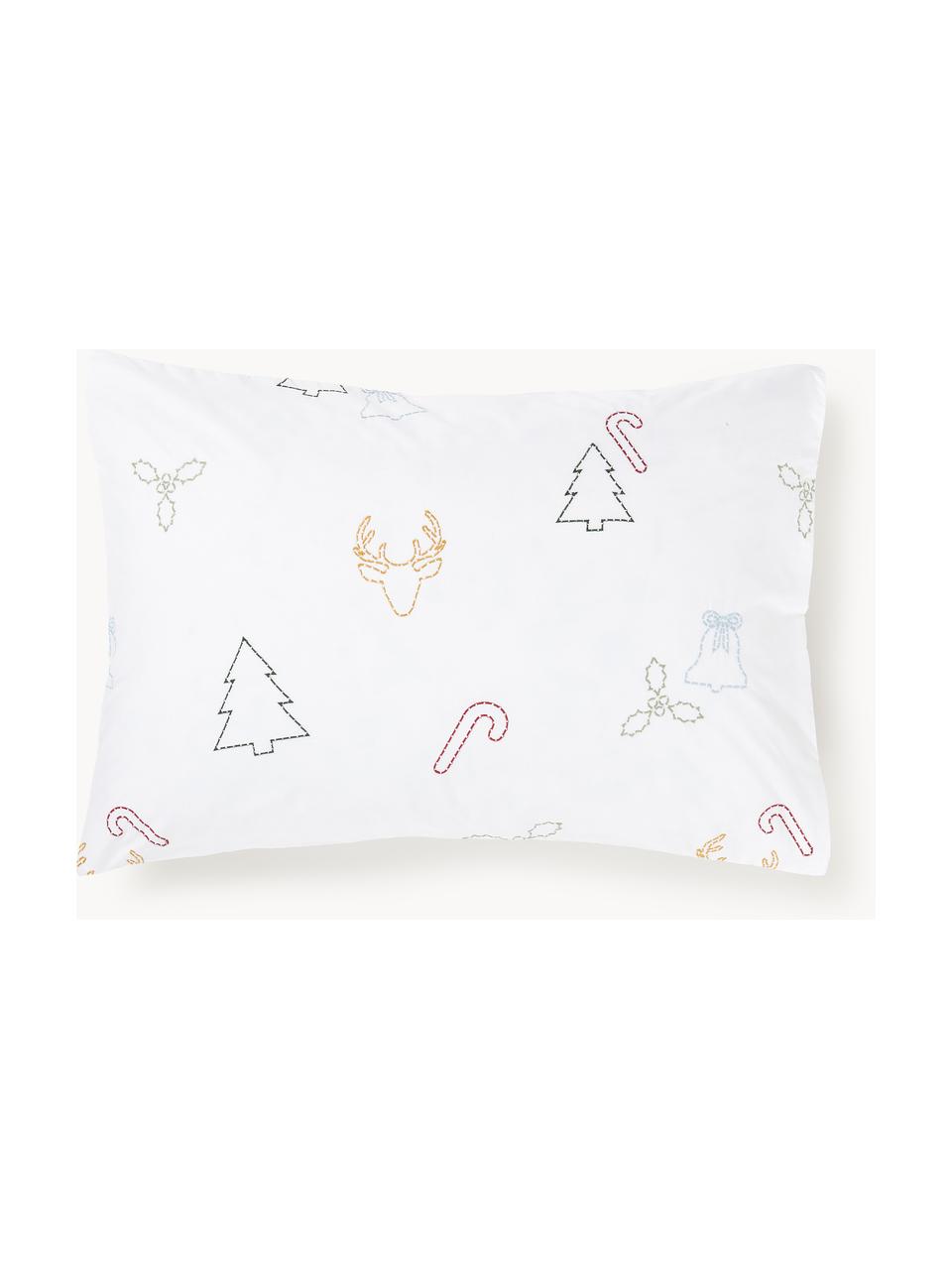 Taie d'oreiller en percale de coton avec broderie de Noël Elvien, Blanc, multicolore, larg. 50 x long. 70 cm