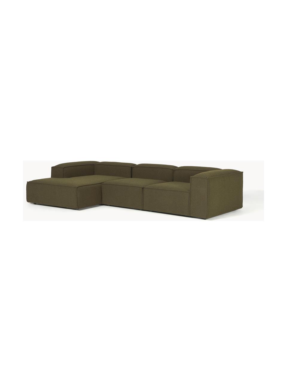 Modulares Ecksofa Lennon aus Bouclé, Bezug: Bouclé (100 % Polyester) , Gestell: Massives Kiefernholz, Spe, Bouclé Olivgrün, B 327 x T 180 cm, Eckteil links