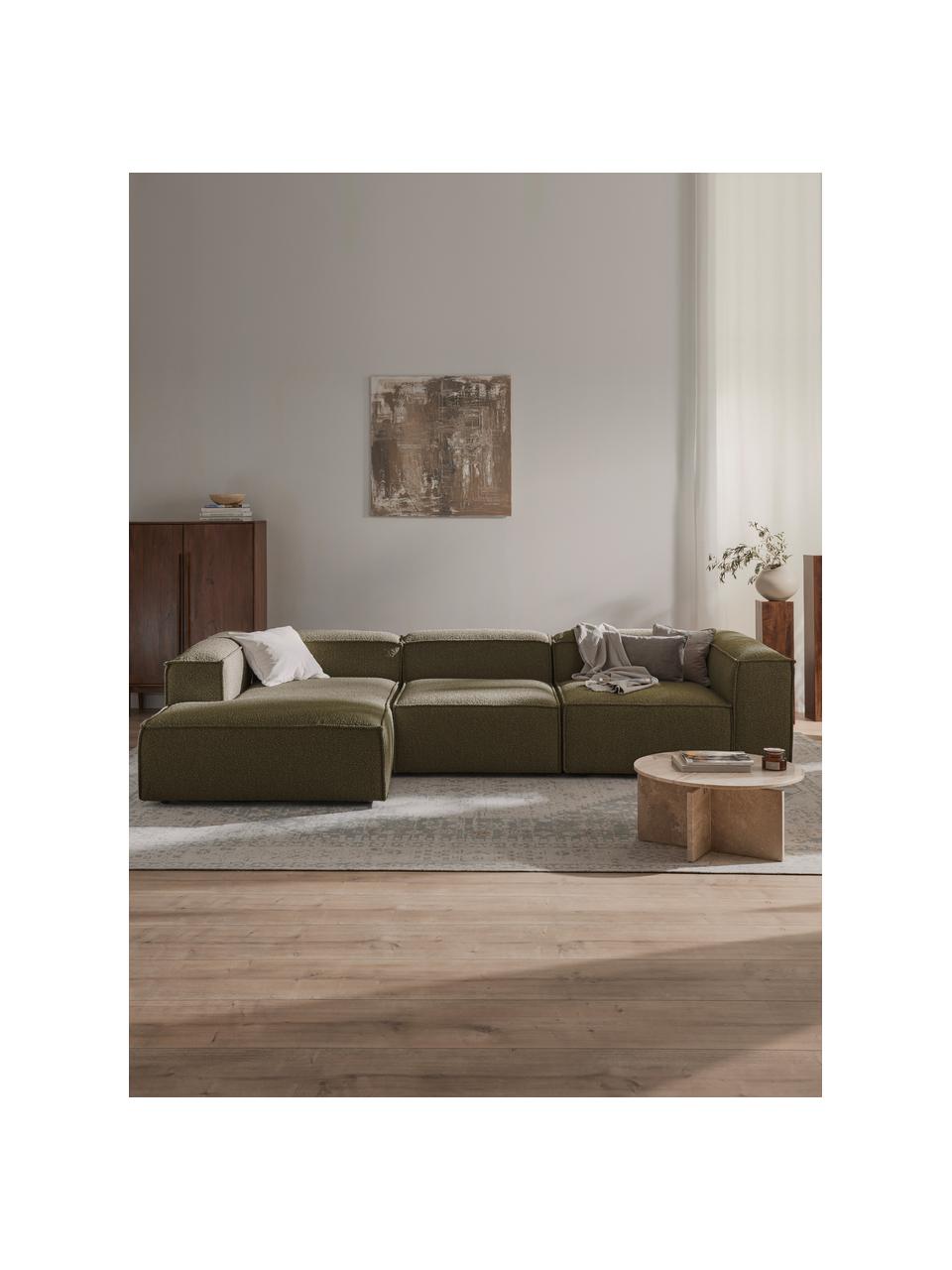 Modulares Ecksofa Lennon aus Bouclé, Bezug: Bouclé (100 % Polyester) , Gestell: Massives Kiefernholz, Spe, Füße: Kunststoff Dieses Produkt, Bouclé Olivgrün, B 327 x T 180 cm, Eckteil links