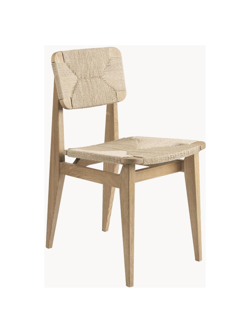 Holzstuhl C-Chair aus Eichenholz mit geflochtener Sitzfläche, Gestell: Eichenholz, geölt, Eichenholz, Hellbeige, B 41 x T 53 cm