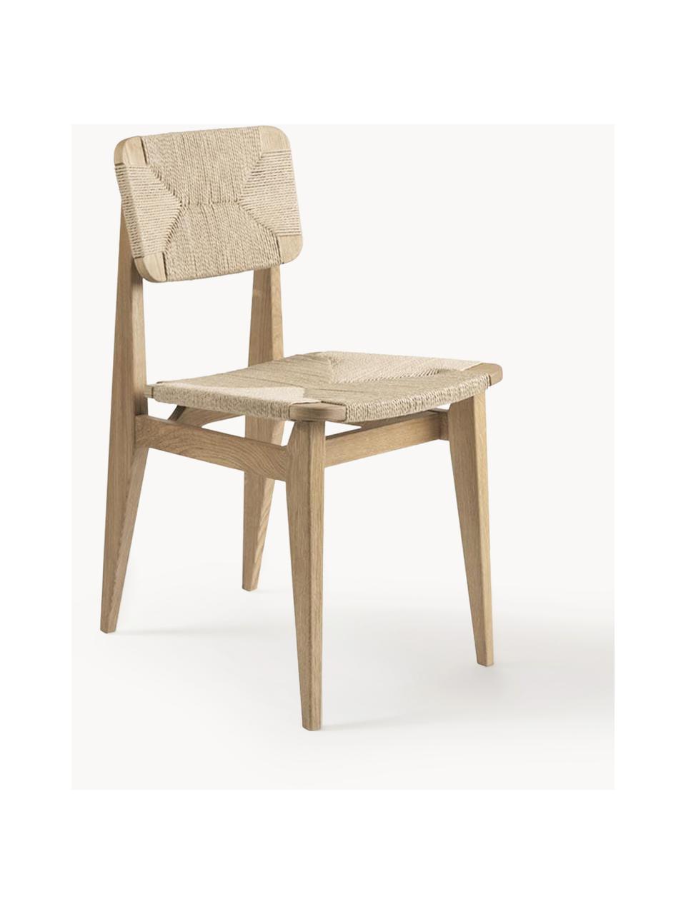 Holzstuhl C-Chair aus Eichenholz mit geflochtener Sitzfläche, Gestell: Eichenholz, geölt, Eichenholz, Hellbeige, B 41 x T 53 cm