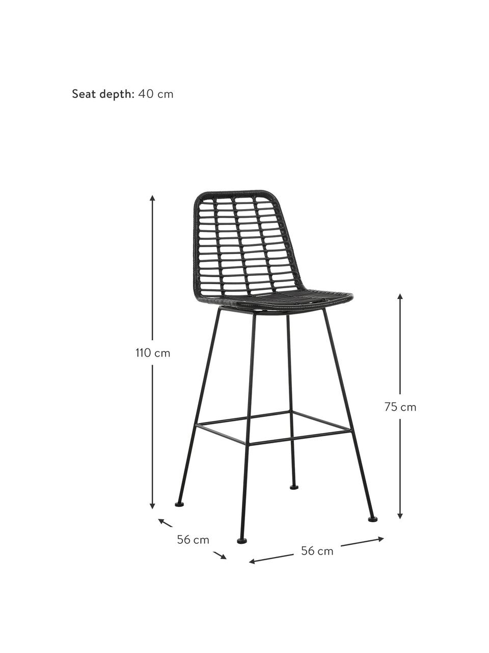 Chaise de bar en polyrotin Costa, Noir, larg. 56 x haut. 110 cm