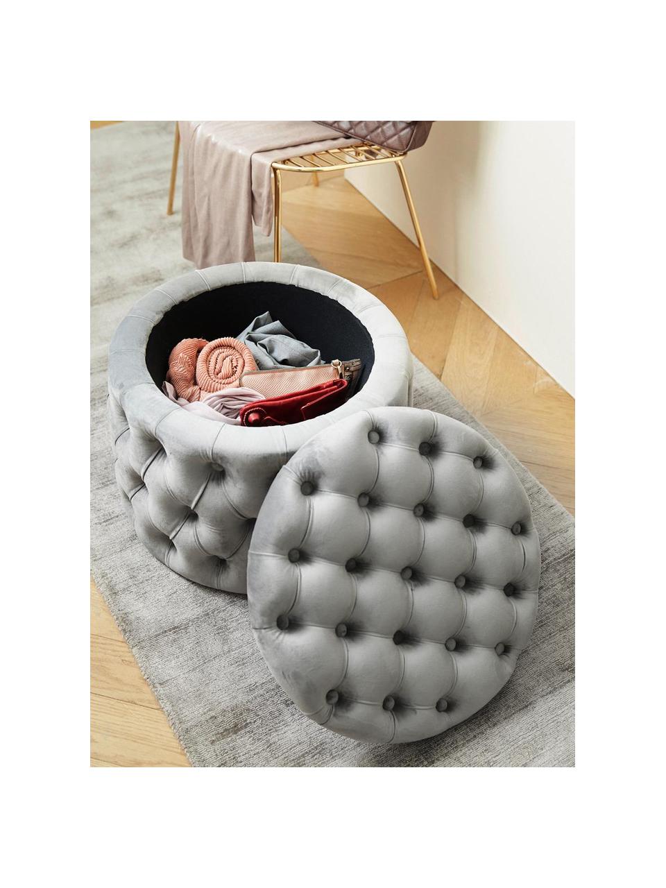 Pouf coffre en velours Chiara, Velours gris, Ø 50 x haut. 42 cm