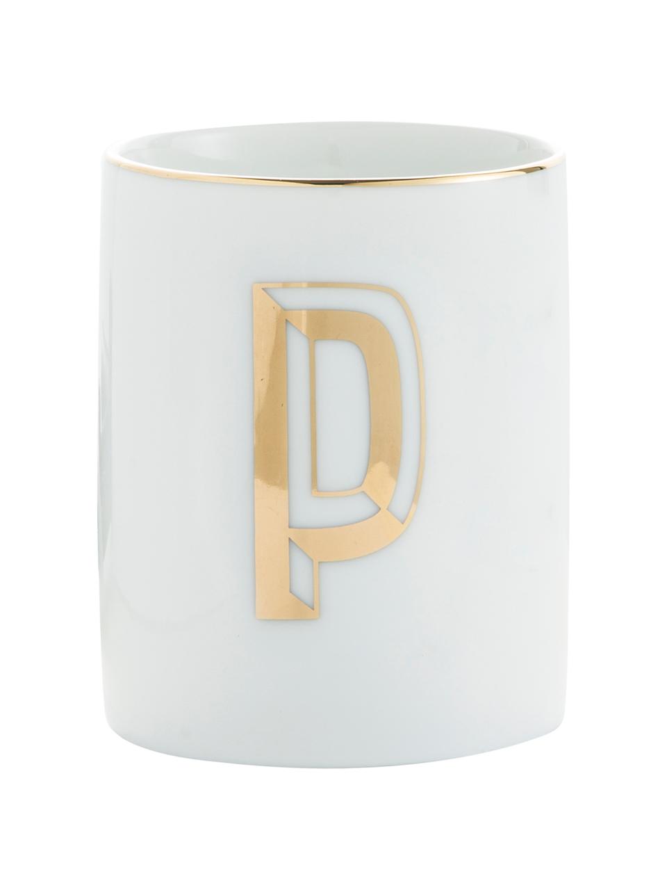 Porzellan-Becher Yours mit Buchstaben (Varianten von A bis Z) in Gold, Porzellan, Weiß, Goldfarben, Becher P, 300 ml