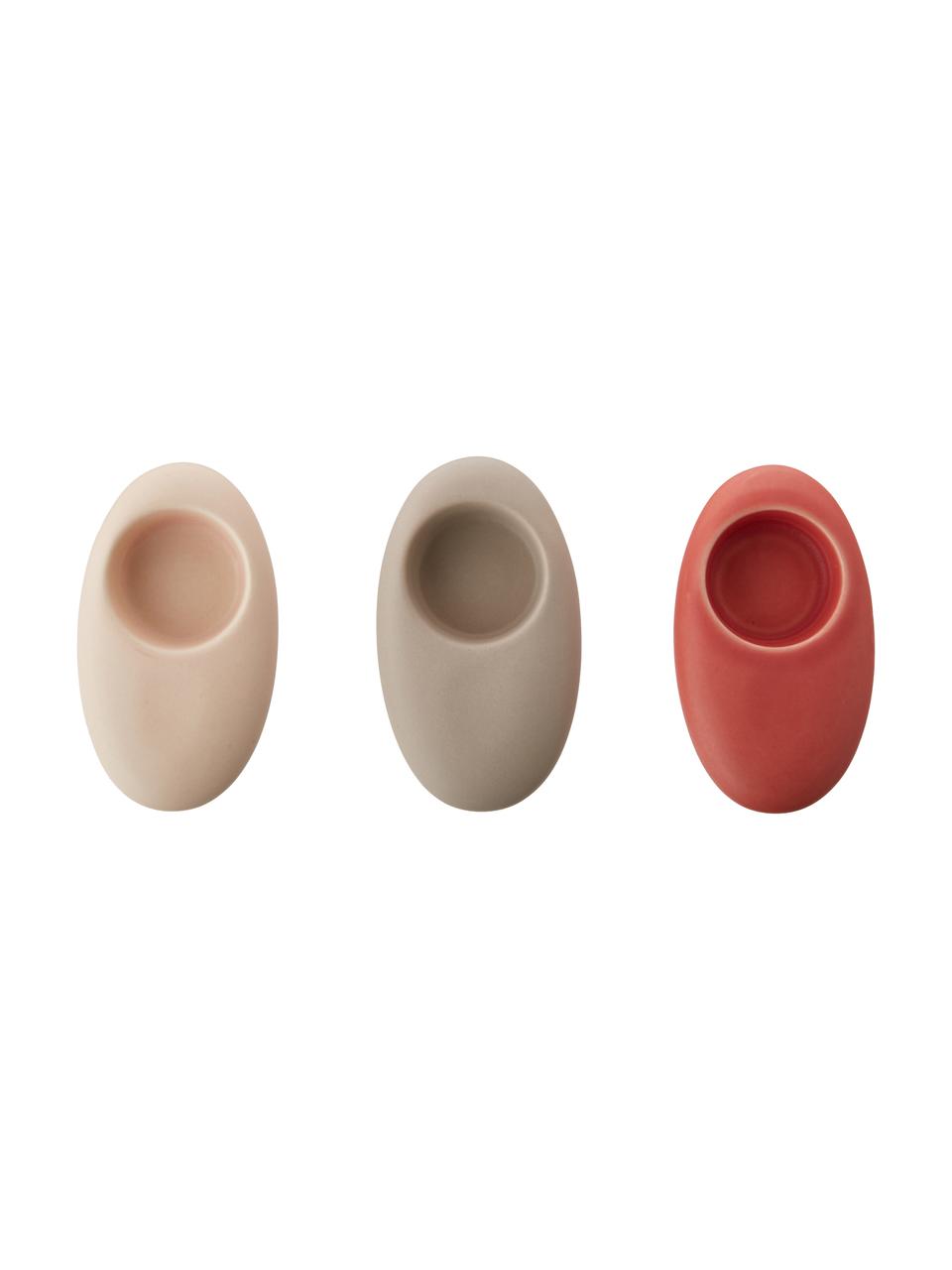 Set 3 portalumini Geo, Gres, Crema, rosso corallo, beige, Larg. 12 x Alt. 3 cm