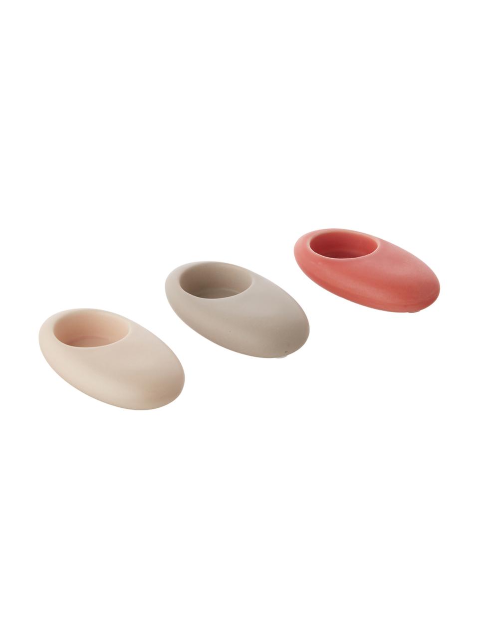 Teelichthalter-Set Geo, 3-tlg., Steingut, Creme, Korallenrot, Beige, 12 x 3 cm