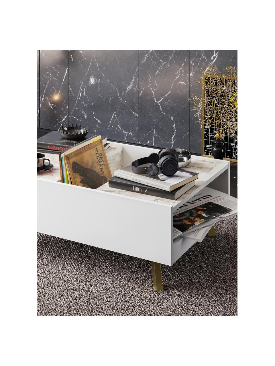 Mesa de centro en look mármol Frida, con espacio de almacenamiento, Estructura: aglomerado, recubierto de, Tablero: aglomerado, revestido de , Patas: madera revestida, Blanco, latón, An 90 x Al 34 cm