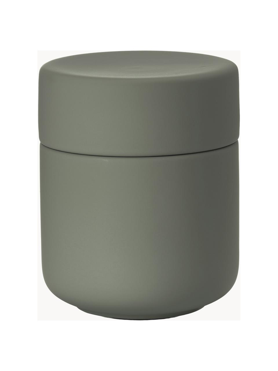 Caja de almacenamiento con superficie suave al tacto Ume, Gres cubierto con una superficie de tacto suave (plástico), Verde oliva, Ø 8 x Al 10 cm