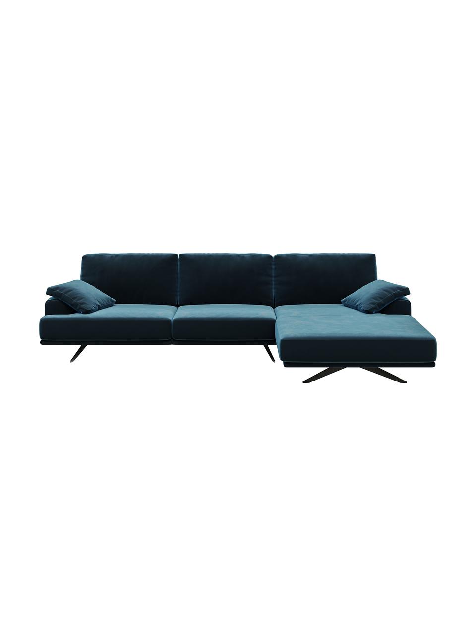 Sofa narożna z aksamitu Prado, Tapicerka: 100% aksamit poliestrowy,, Nogi: metal lakierowany, Ciemny niebieski, S 315 x G 180 cm