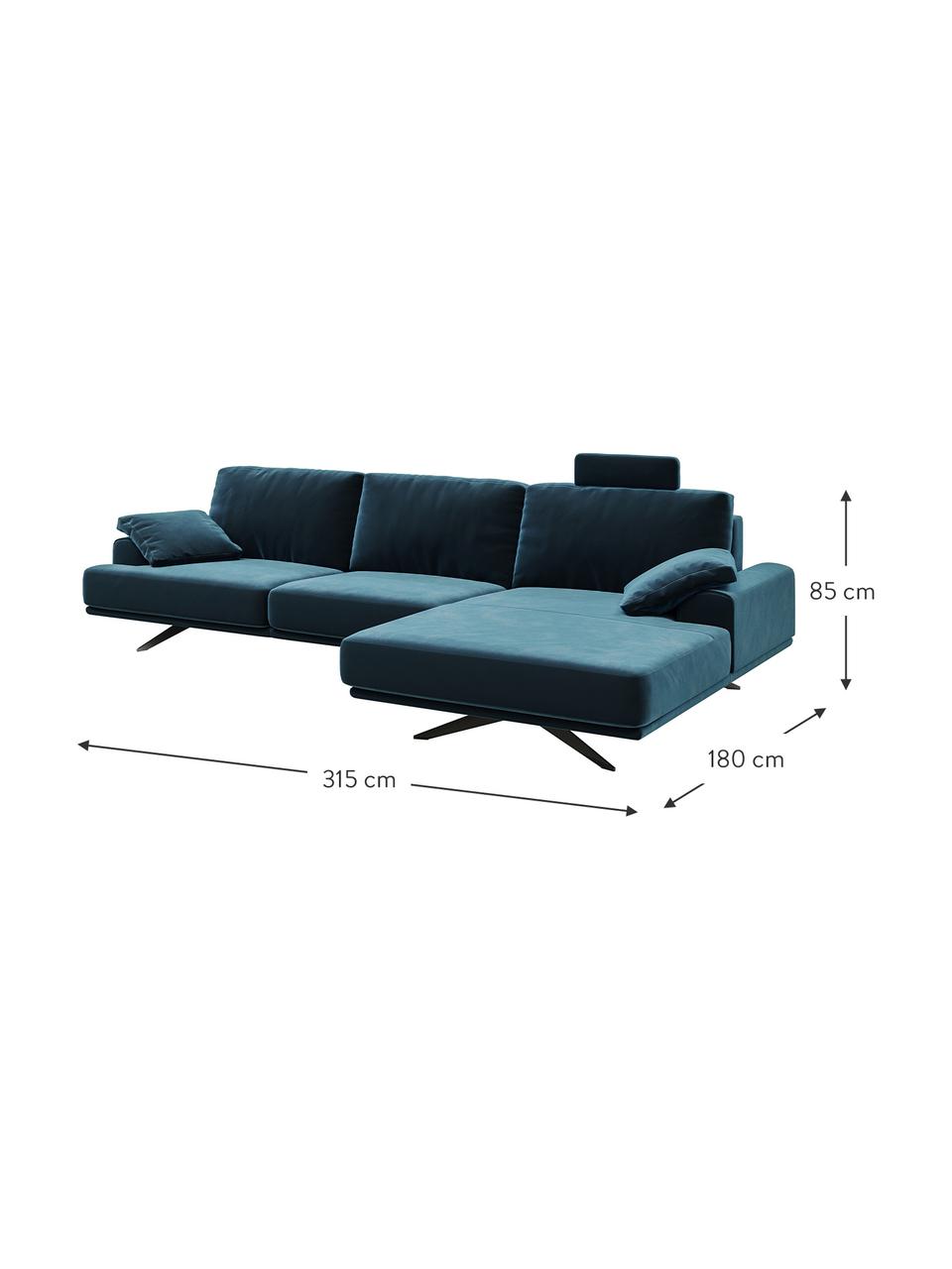 Divano angolare in velluto blu scuro Prado, Rivestimento: 100% velluto di poliester, Sottostruttura: compensato, legno di fagg, Piedini: metallo verniciato, Blu scuro, Larg. 315 x Alt. 180 cm