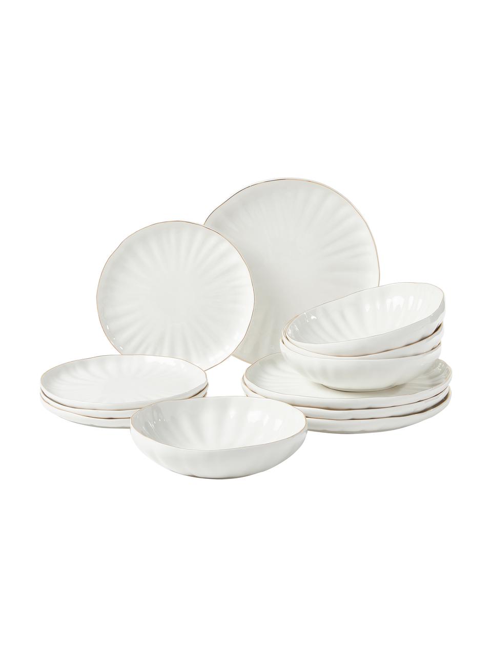 Set stoviglie in porcellana con rilievo Sali, 4 persone (12 pz), Porcellana, Bianco con bordo oro, 4 persone (12 pz)