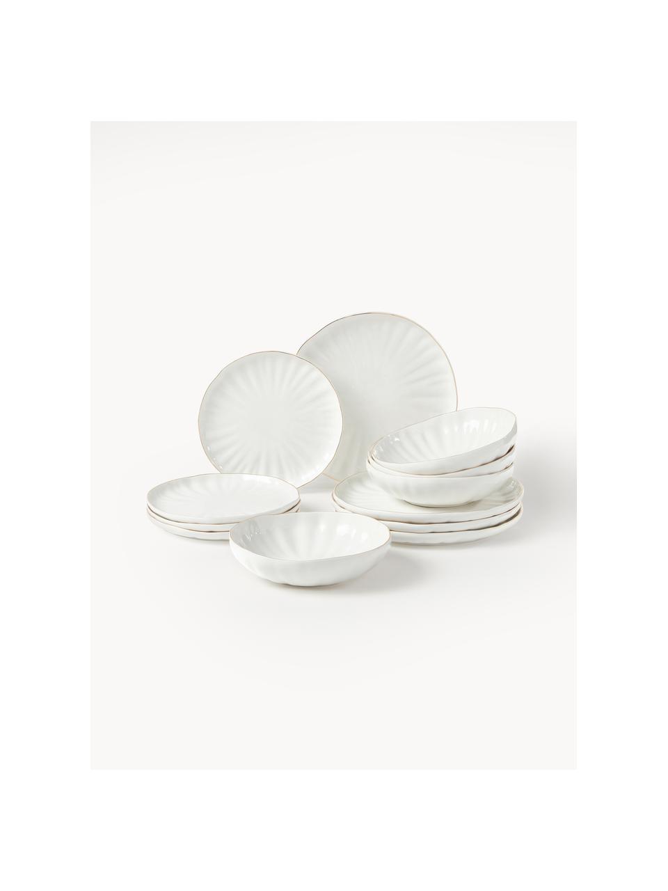 Set 12 stoviglie con rilievo Sali, 4 persone, Porcellana, Bianco con bordo dorato, 4 persone (12 pz)