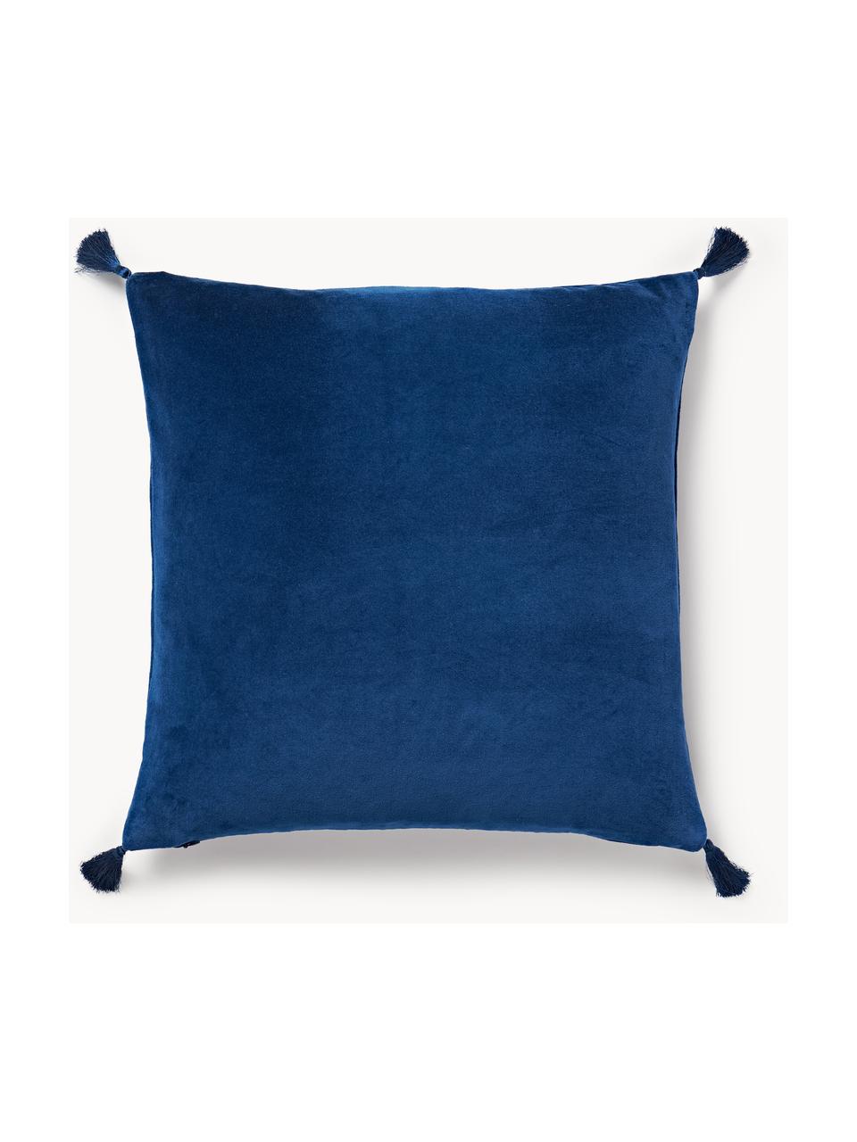 Housse de coussin en velours avec sapin brodé Amara, Bleu foncé, blanc, beige clair, larg. 50 x long. 50 cm