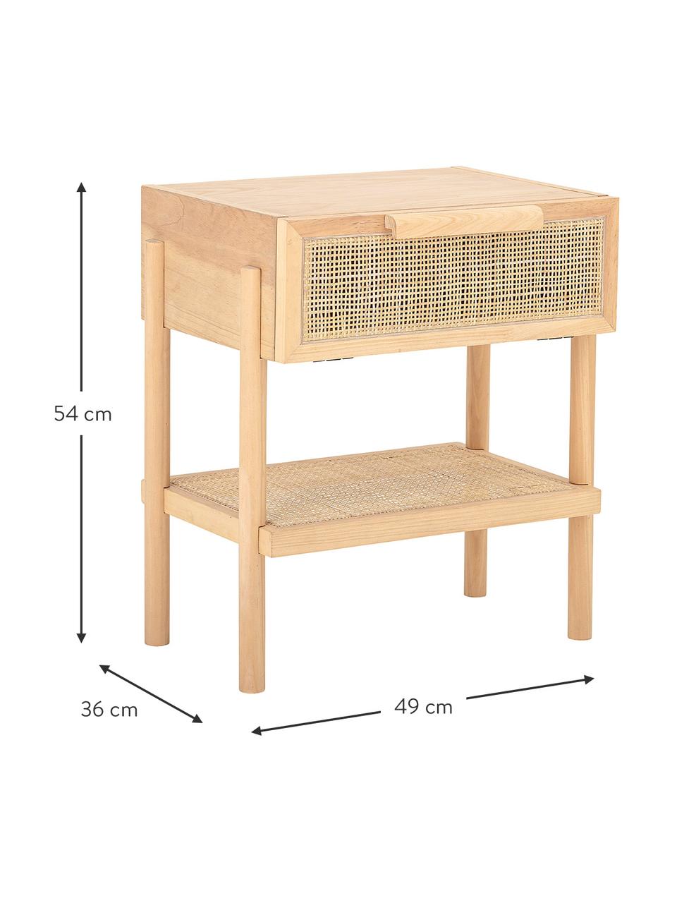 Holz-Nachttisch Manon mit Rattangeflecht, Gestell: Mitteldichte Holzfaserpla, Front: Rattan, Holz, Beige, B 49 x T 36 cm