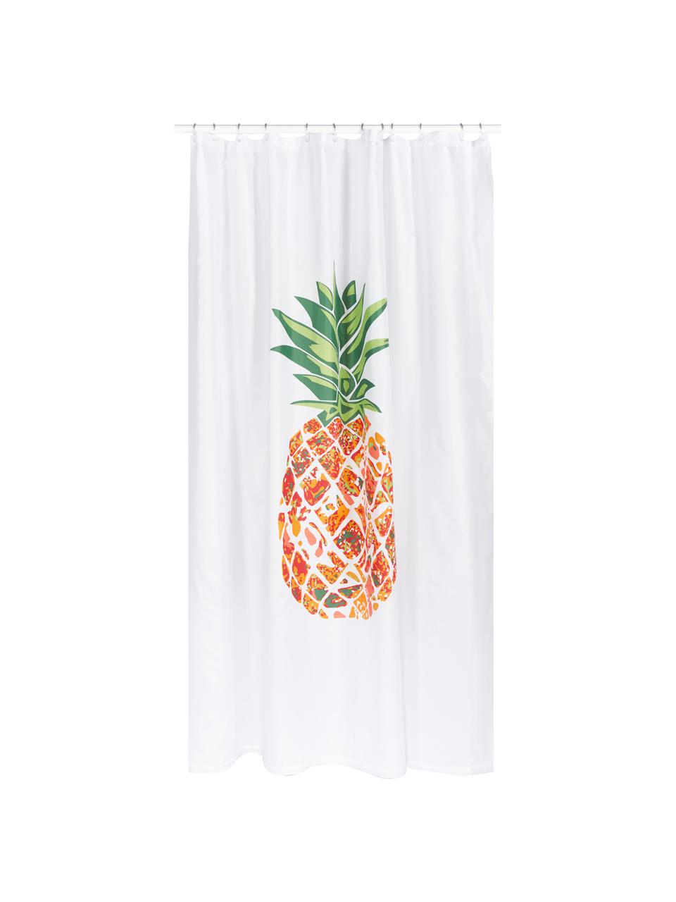 Rideau de douche à motif ananas Pineapple, Blanc, vert, orange, rouge