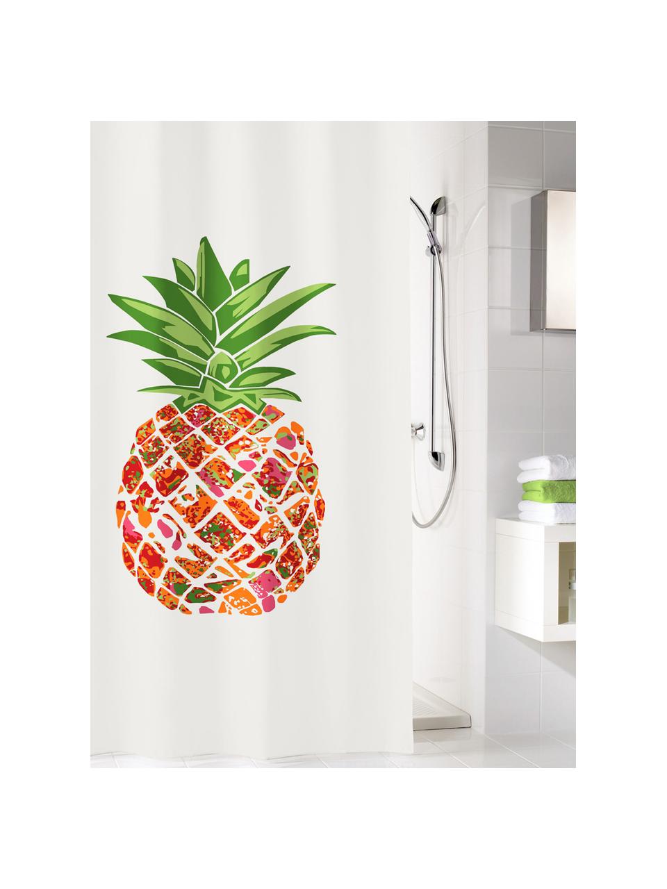 Sprchový záves s ananásovým motívom Pineapple, Biela, zelená, oranžová, červená