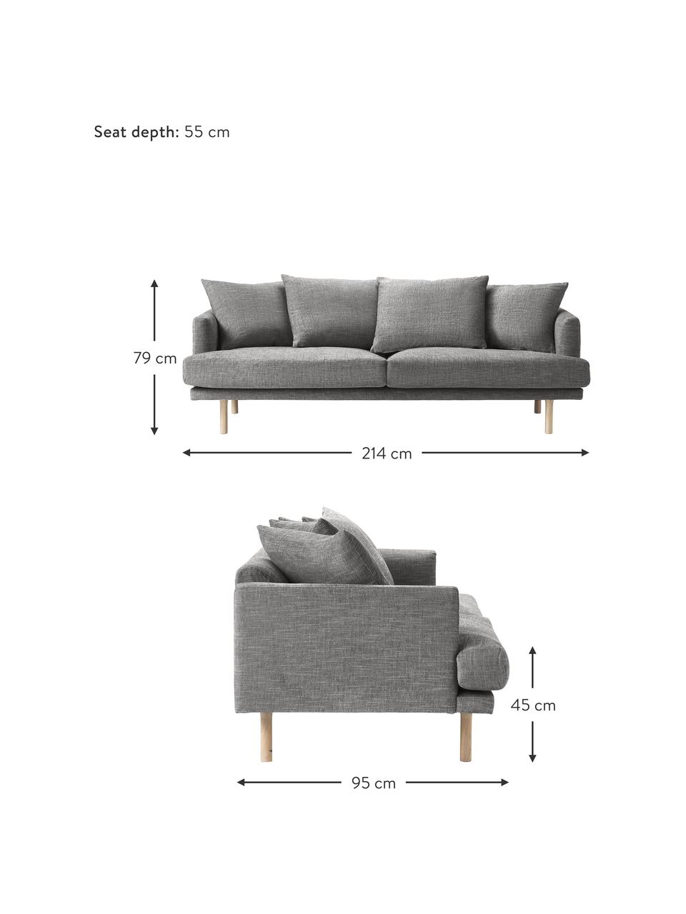 Divano 3 posti Adrian, Rivestimento: 47% viscosa, 23% cotone, , Struttura: compensato, Piedini: legno di quercia oliato, Tessuto grigio scuro, Larg. 214 x Alt. 79 cm