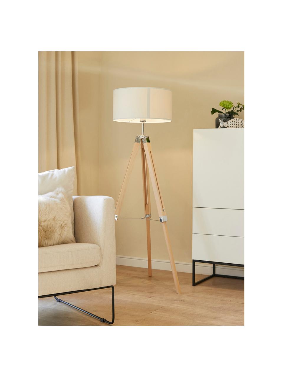 Lampadaire trépied en bois à hauteur ajustable Lantada, Crème, brun