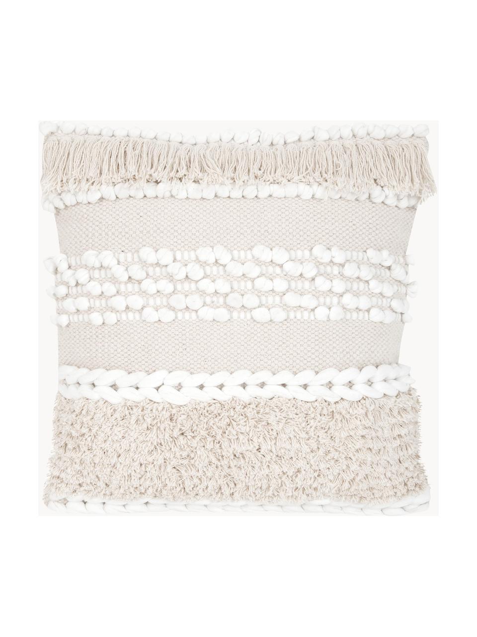 Housse de coussin 45x45 bohème Anoki, 80 % coton, 20 % polyester, Couleur crème, larg. 45 x long. 45 cm