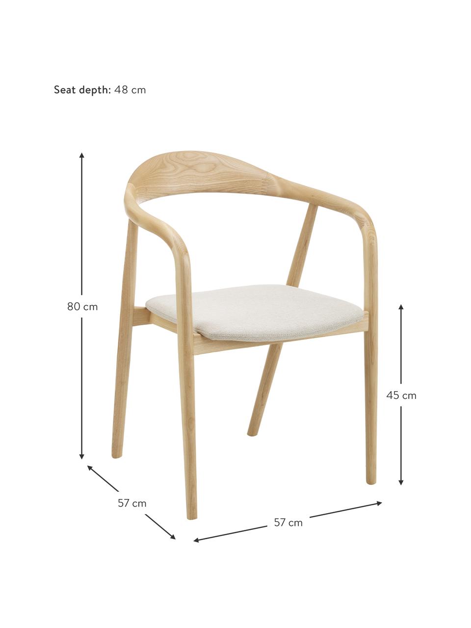 Chaise à accoudoirs bois massif Angelina, Tissu blanc crème, bois de frêne clair, larg. 57 x prof. 57 cm