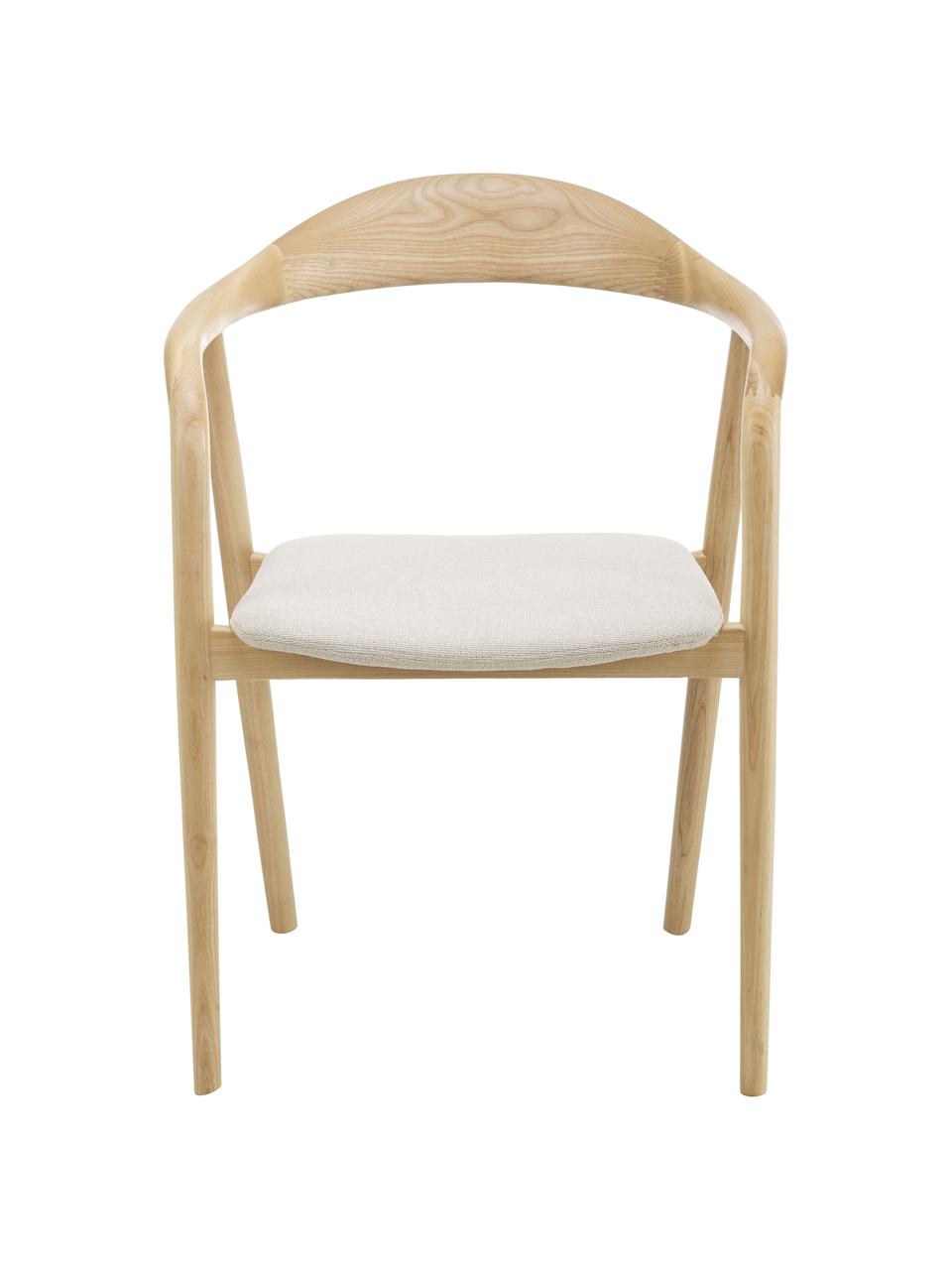 Chaise à accoudoirs bois massif Angelina, Tissu blanc crème, bois de frêne clair, larg. 57 x prof. 57 cm