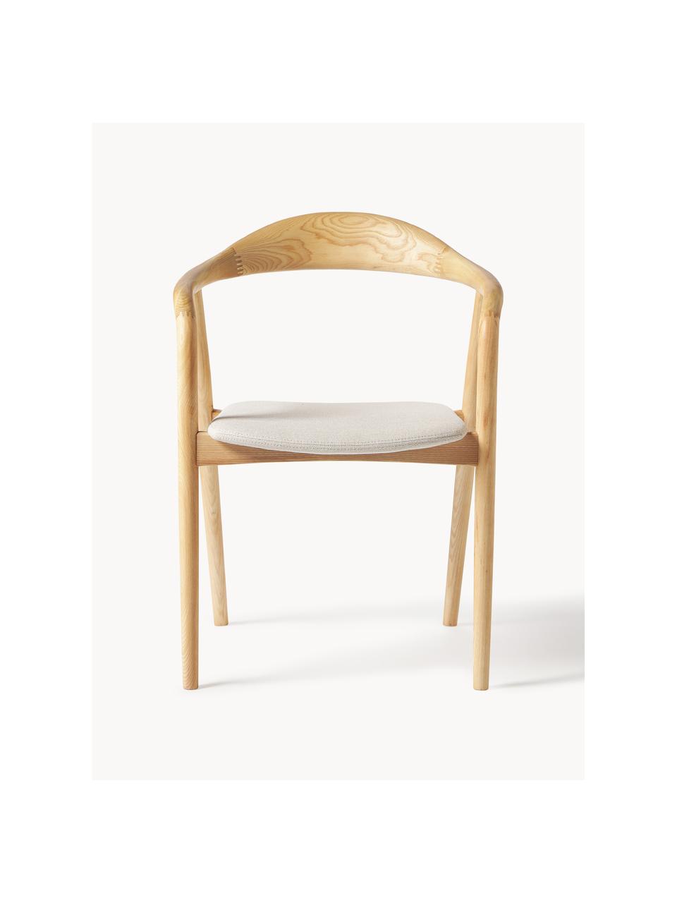 Dřevěná židle s područkami s čalouněným sedákem Angelina, Krémově bílá, světle jasanové dřevo, Š 57 cm, V 80 cm