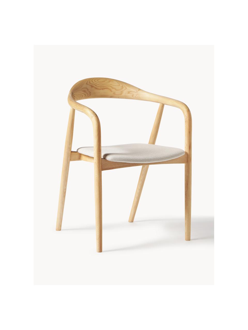 Silla con reposabrazos de madera con asiento tapizado Angelina, Tapizado: poliéster Alta resistenci, Tejido blanco crema, madera de fresno clara, An 57 x Al 80 cm