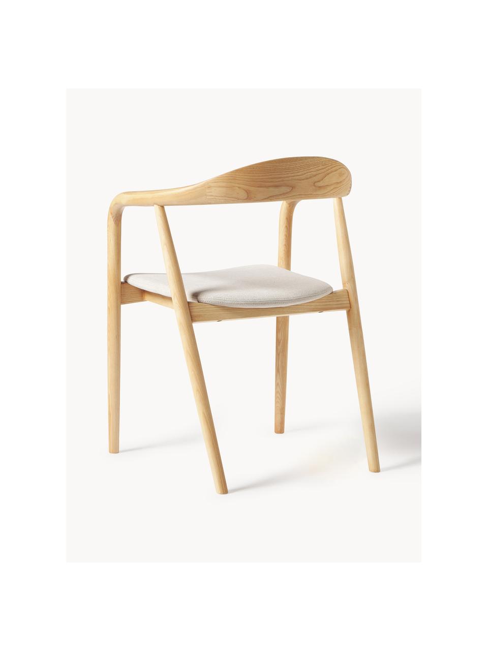 Silla con reposabrazos de madera con asiento tapizado Angelina, Tapizado: poliéster De alta calidad, Tejido blanco crema, madera de fresno clara, An 57 x Al 80 cm