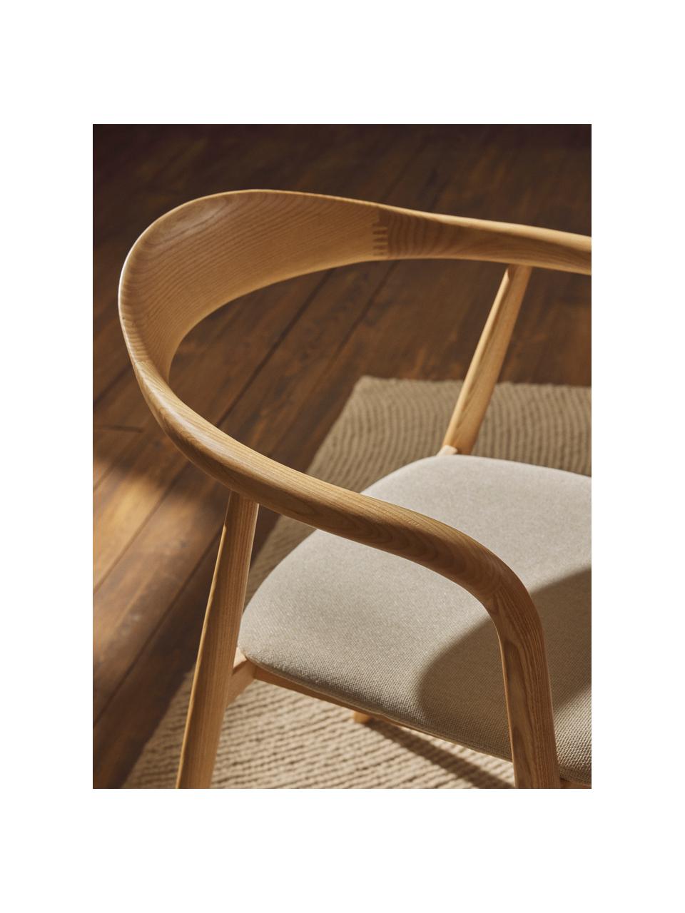 Dřevěná židle s područkami s čalouněným sedákem Angelina, Krémově bílá, světlé jasanové dřevo, Š 57 cm, V 80 cm