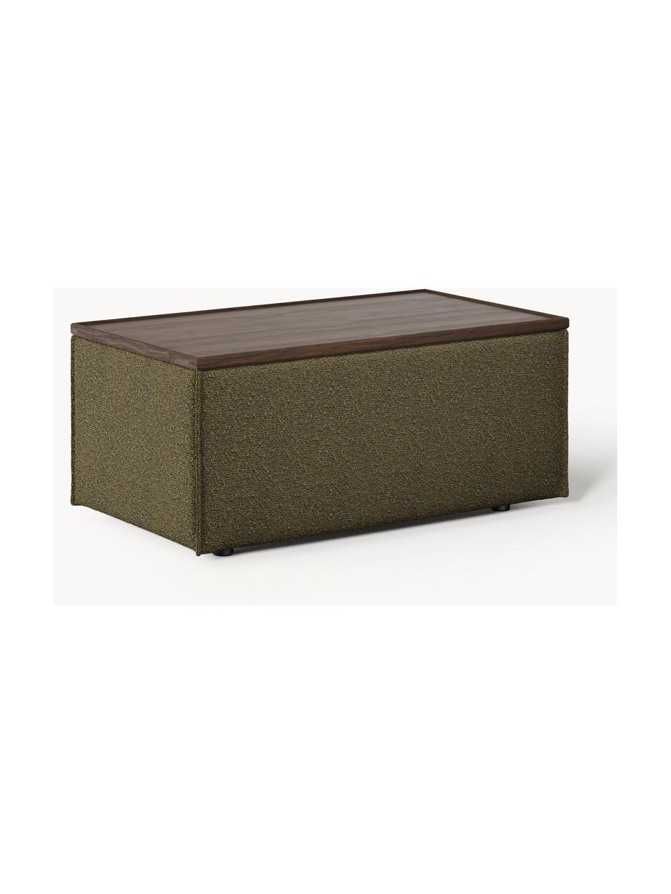 Sofa-Hocker Lennon aus Bouclé mit Stauraum, Bezug: Bouclé (80 % Polyester, 2, Tablett: Eichenholz, Spannplatte m, Gestell: Spanplatte, mitteldichte , Bouclé Olivgrün, dunkles Eichenholz, B 88 x T 50 cm