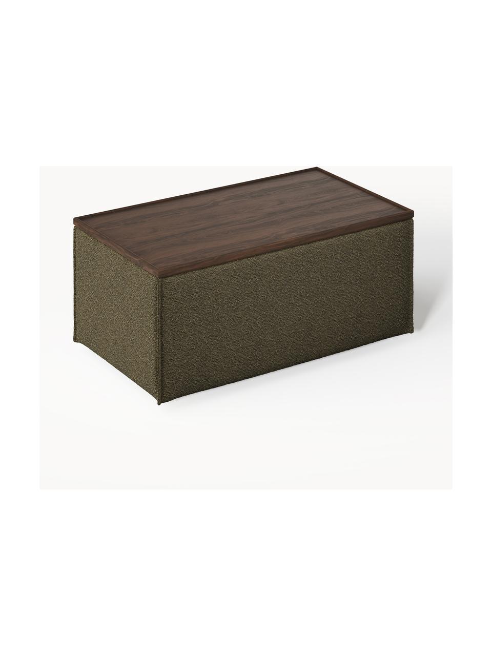 Sofa-Hocker Lennon aus Bouclé mit Stauraum, Bezug: Bouclé (80 % Polyester, 2, Tablett: Eichenholz, Spannplatte m, Gestell: Spanplatte, mitteldichte , Bouclé Olivgrün, dunkles Eichenholz, B 88 x T 50 cm