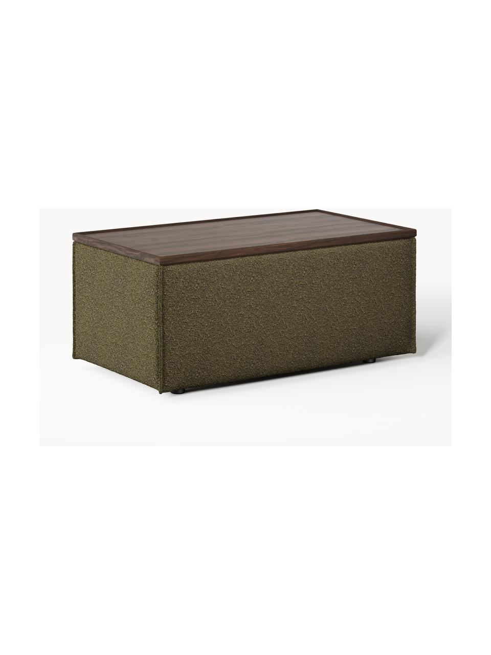 Sofa-Hocker Lennon aus Bouclé mit Stauraum, Bezug: Bouclé (80 % Polyester, 2, Tablett: Eichenholz, Spannplatte m, Gestell: Spanplatte, mitteldichte , Bouclé Olivgrün, dunkles Eichenholz, B 88 x T 50 cm