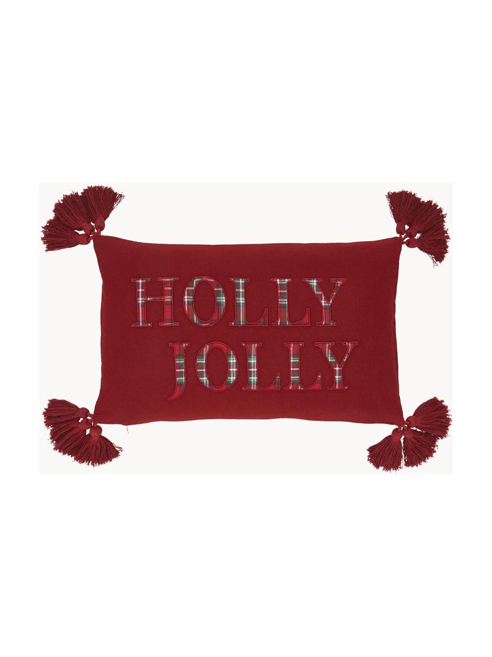 Copricuscino con nappe Holly Jolly, 100% cotone, Rosso, Larg. 30 x Lung. 50 cm