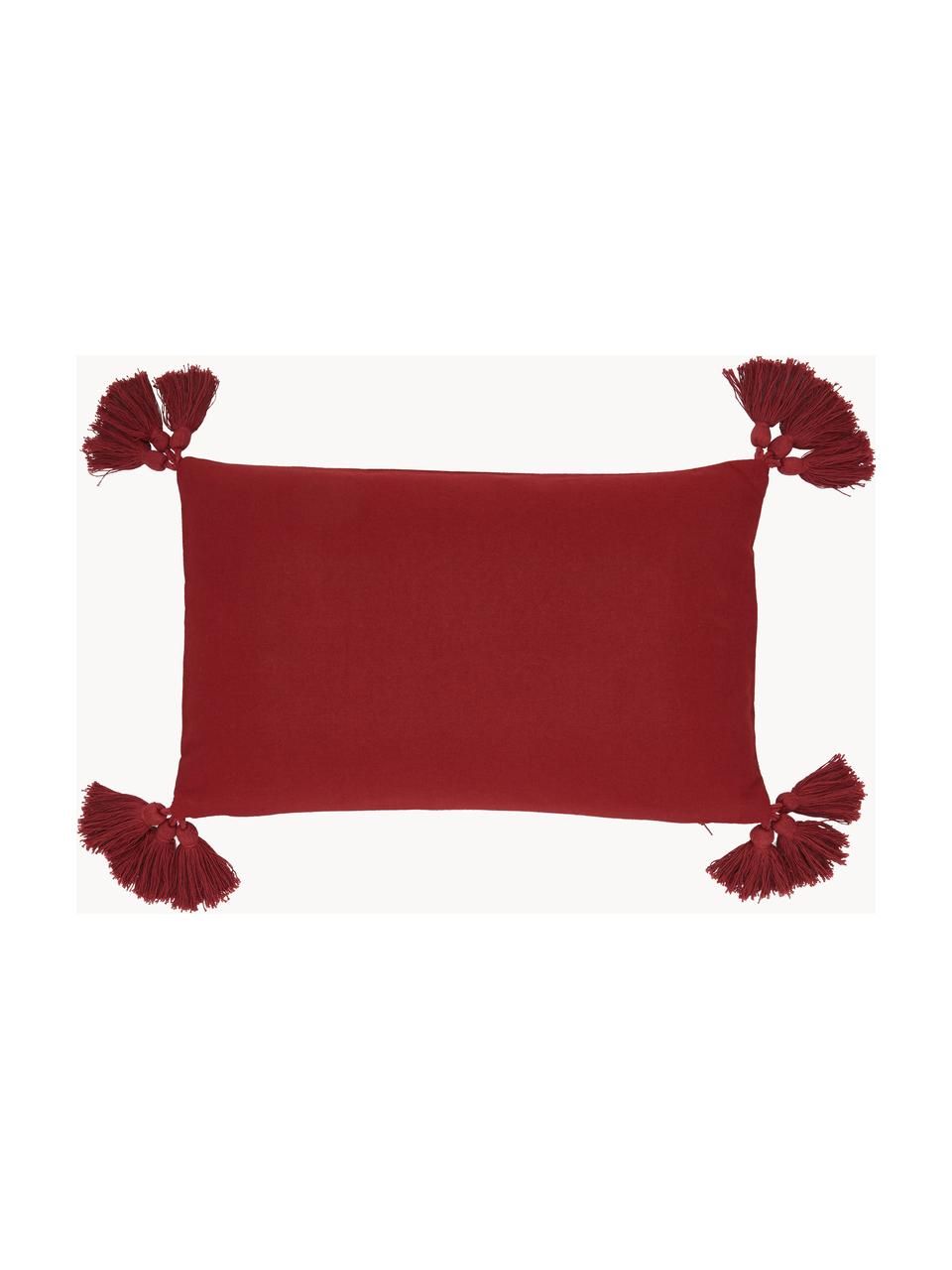 Funda de cojín con borlas Holly Jolly, 100% algodón, Rojo, blanco, An 30 x L 50 cm