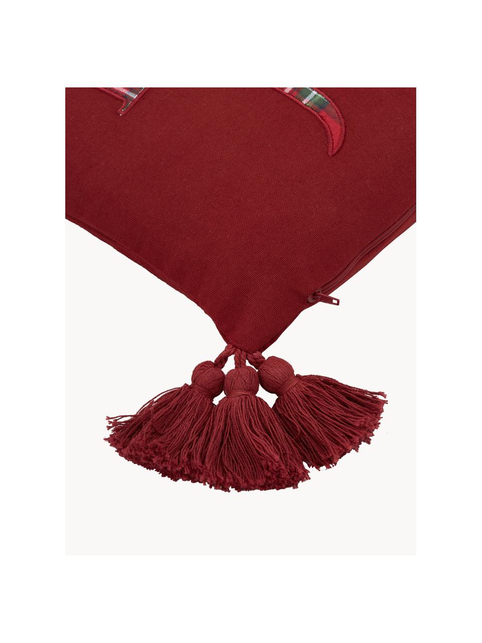 Copricuscino con nappe Holly Jolly, 100% cotone, Rosso, Larg. 30 x Lung. 50 cm