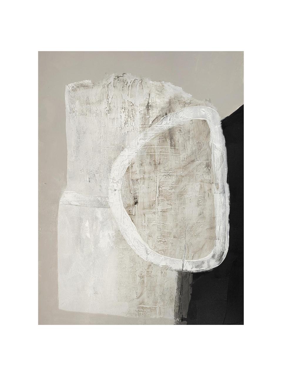 Handbeschilderde canvasdoek White Stone, Zwart, lichtbeige, gebroken wit, B 88 x H 118 cm