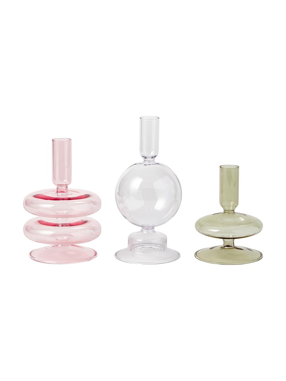 Lot de bougeoirs de forme organique Clea, 3 élém., Verre, Rose, vert, transparent, Lot de différentes tailles