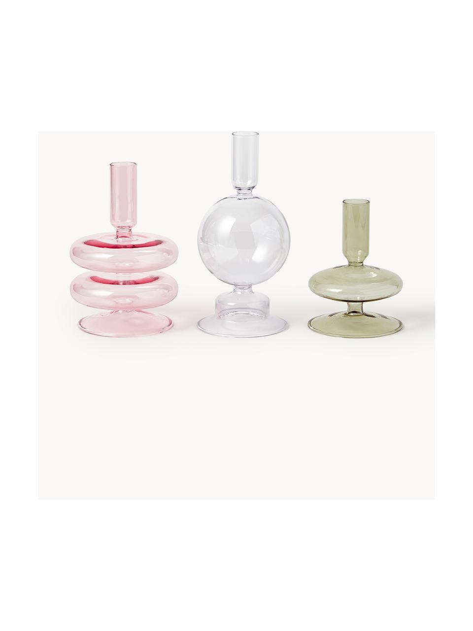 Set 3 candelabri in forma organica Clea, Vetro, Rosa chiaro, verde, trasparente, Set in varie misure