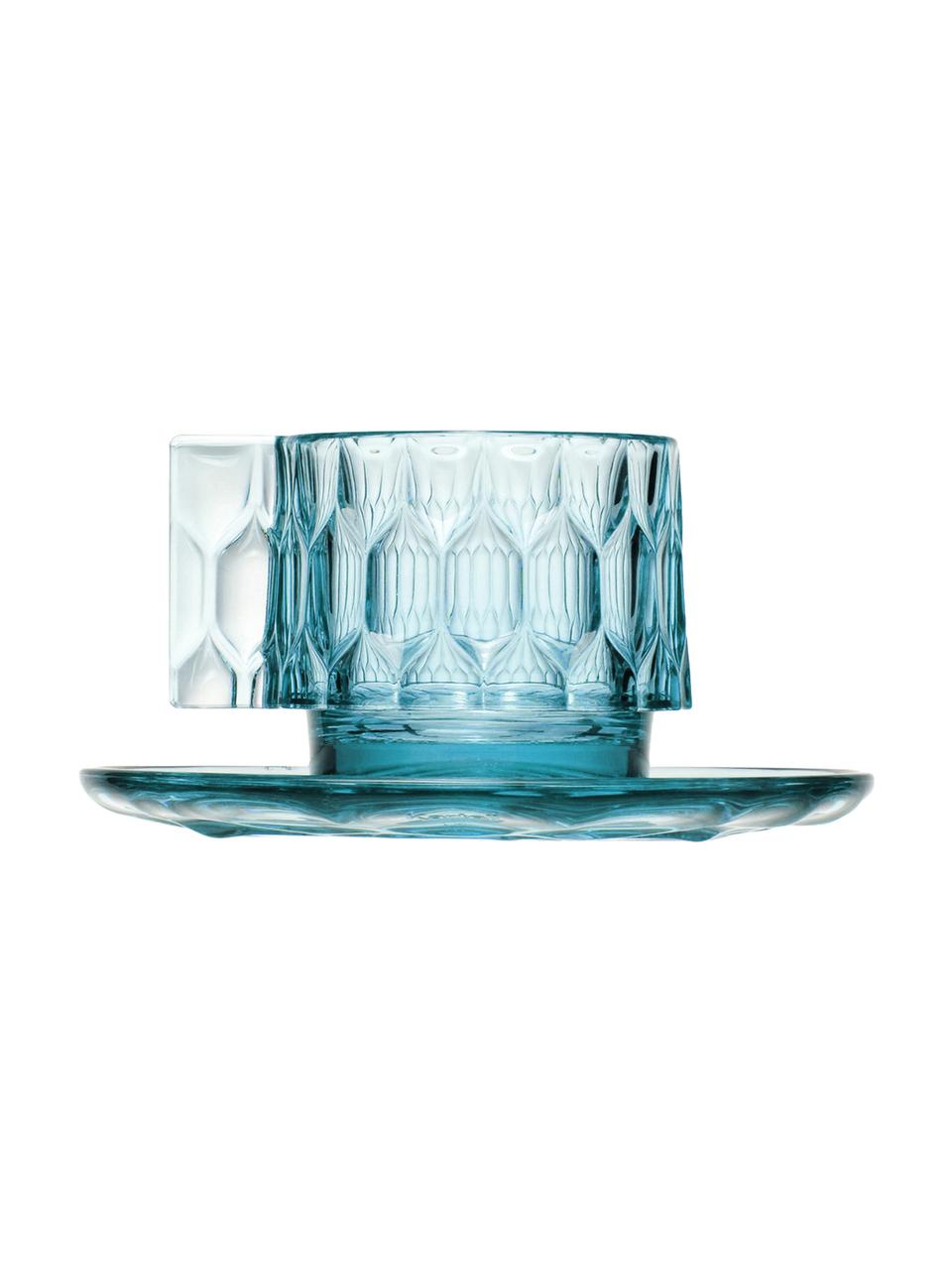 Tasses à café avec sous-tasses et surface texturée Jellies, 4 pièces, Plastique, Bleu ciel, transparent, Ø 6 x haut. 7 cm, 90 ml
