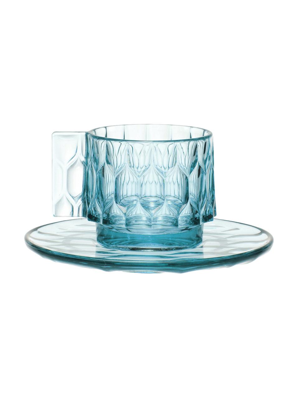 Šálky na kávu s podšálky se strukturálním vzorem Jellies, 4 ks, Umělá hmota, Světle modrá, transparentní, Ø 6 x V 7 cm, 90 ml