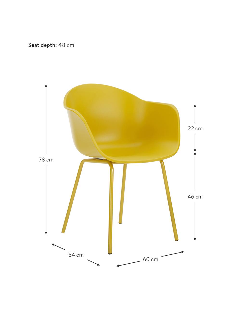 Krzesło z podłokietnikami z tworzywa sztucznego z metalowymi nogami Claire, Nogi: metal malowany proszkowo, Żółty, S 60 x G 54 cm