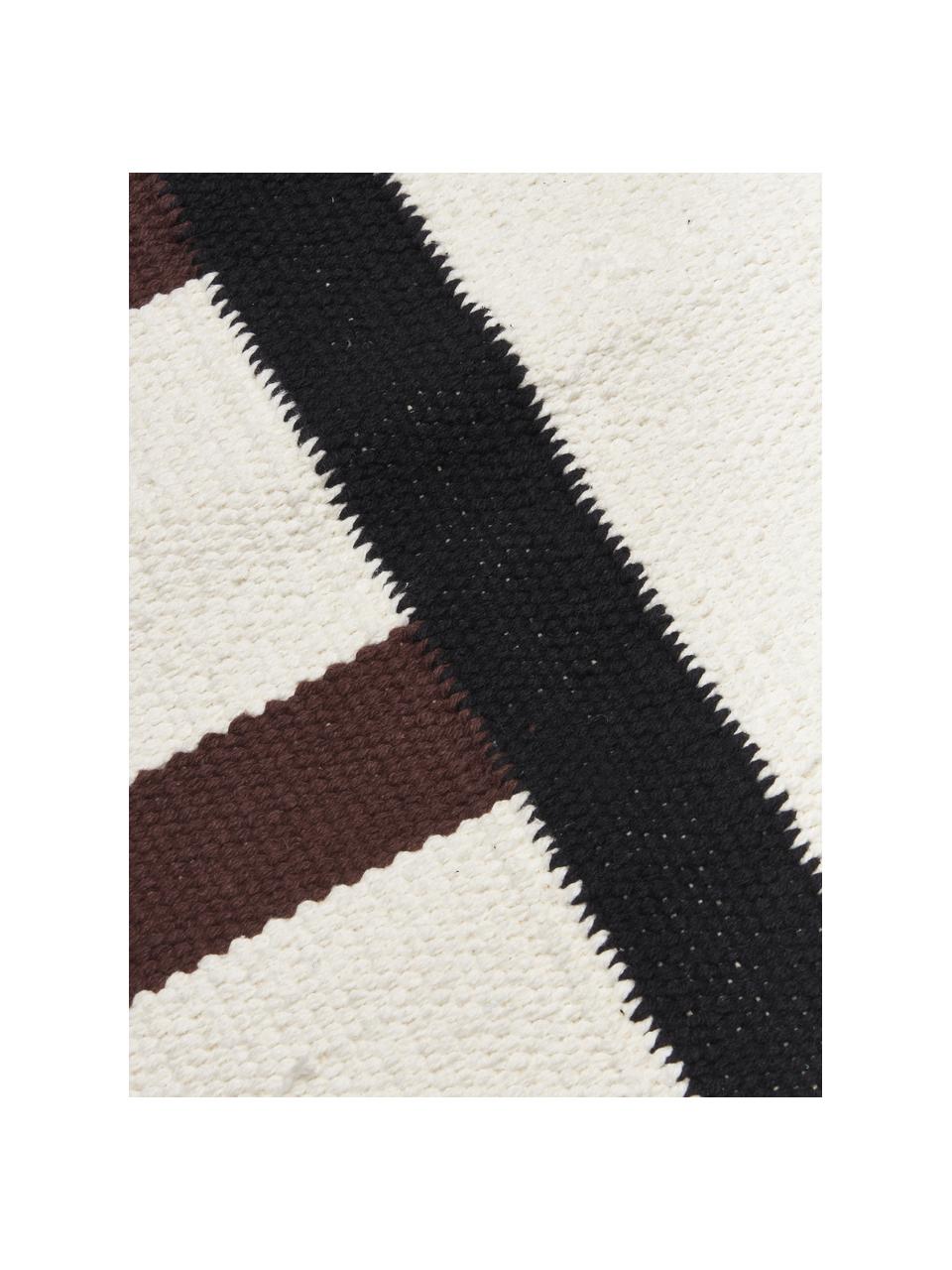 Handgeweven kelim vloerkleed Wyoming, 100% biokatoen, GOTS-gecertificeerd, Crèmewit, bruin, zwart, B 80 x L 150 cm (maat XS)