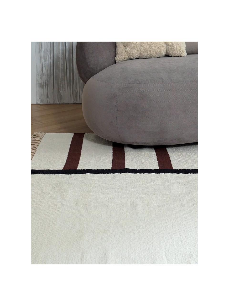 Alfombra artesanal kilim Wyoming, 100% algodón con certificado GOTS, Blanco crema, marrón, negro, An 80 x L 150 cm (Tamaño XS)