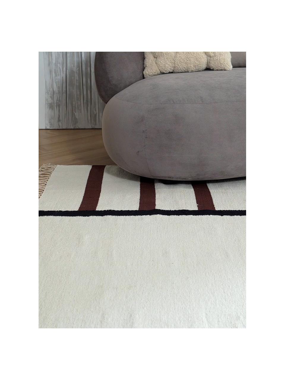 Tappeto kilim tessuto a mano Wyoming, 100% cotone organico certificato GOTS, Bianco crema, marrone, nero, Larg. 80 x Lung. 150 cm (taglia XS)