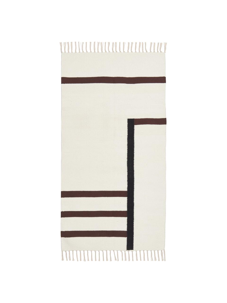 Ručně tkaný kelimový koberec Wyoming, 100 % bio bavlna, s certifikátem GOTS, Krémově bílá, hnědá, černá, Š 80 cm, D 150 cm (velikost XS)