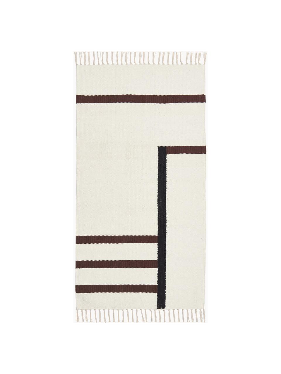 Tapis kilim tissé main Wyoming, 100 % coton bio, certifié GOTS, Blanc crème, noir, brun, larg. 80 x long. 150 cm (taille XS)