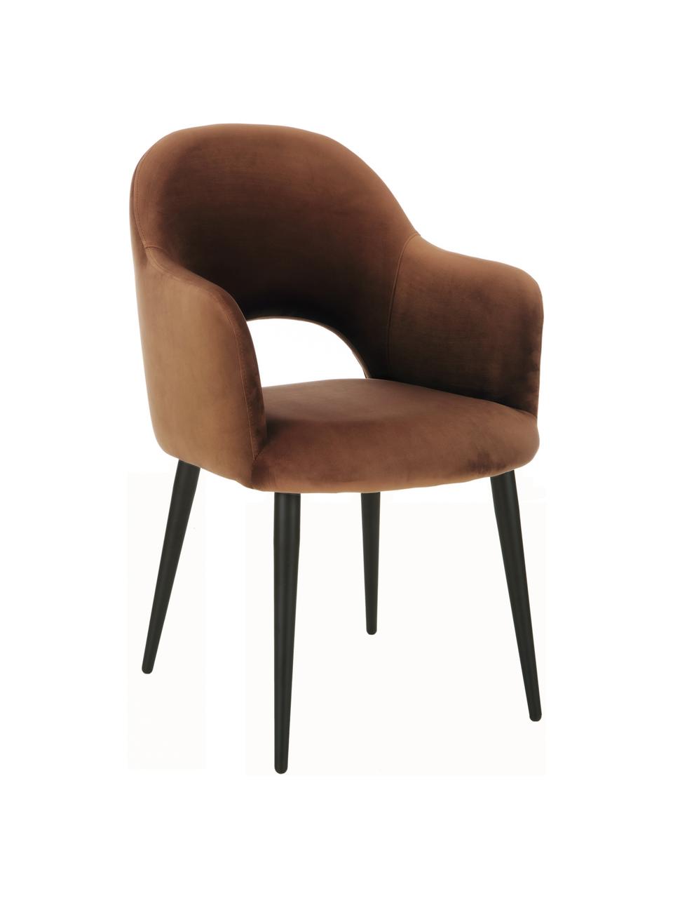 Sedia con braccioli in velluto Rachel, Rivestimento: velluto (rivestimento in , Gambe: metallo verniciato a polv, Velluto marrone, Larg. 55 x Prof. 65 cm