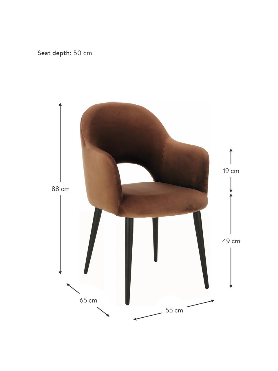Sametová židle s područkami Rachel, Hnědá, Š 55 cm, H 65 cm