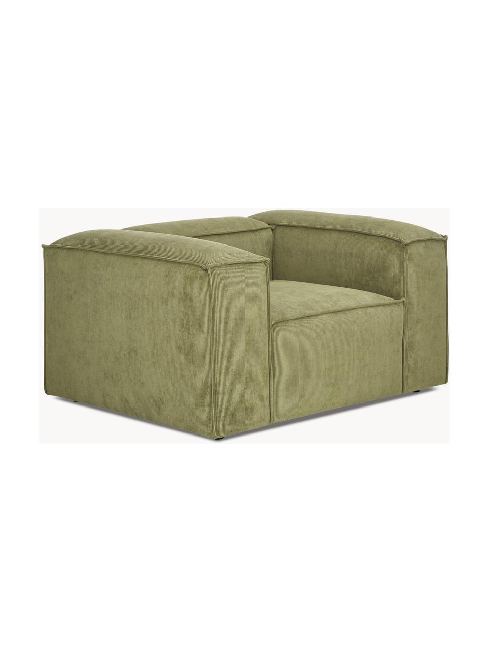 Sillón de pana Lennon, Tapizado: pana (92% poliéster, 8% p, Estructura: madera de pino maciza, ma, Patas: plástico Este producto es, Pana verde oliva, An 130 x F 101 cm